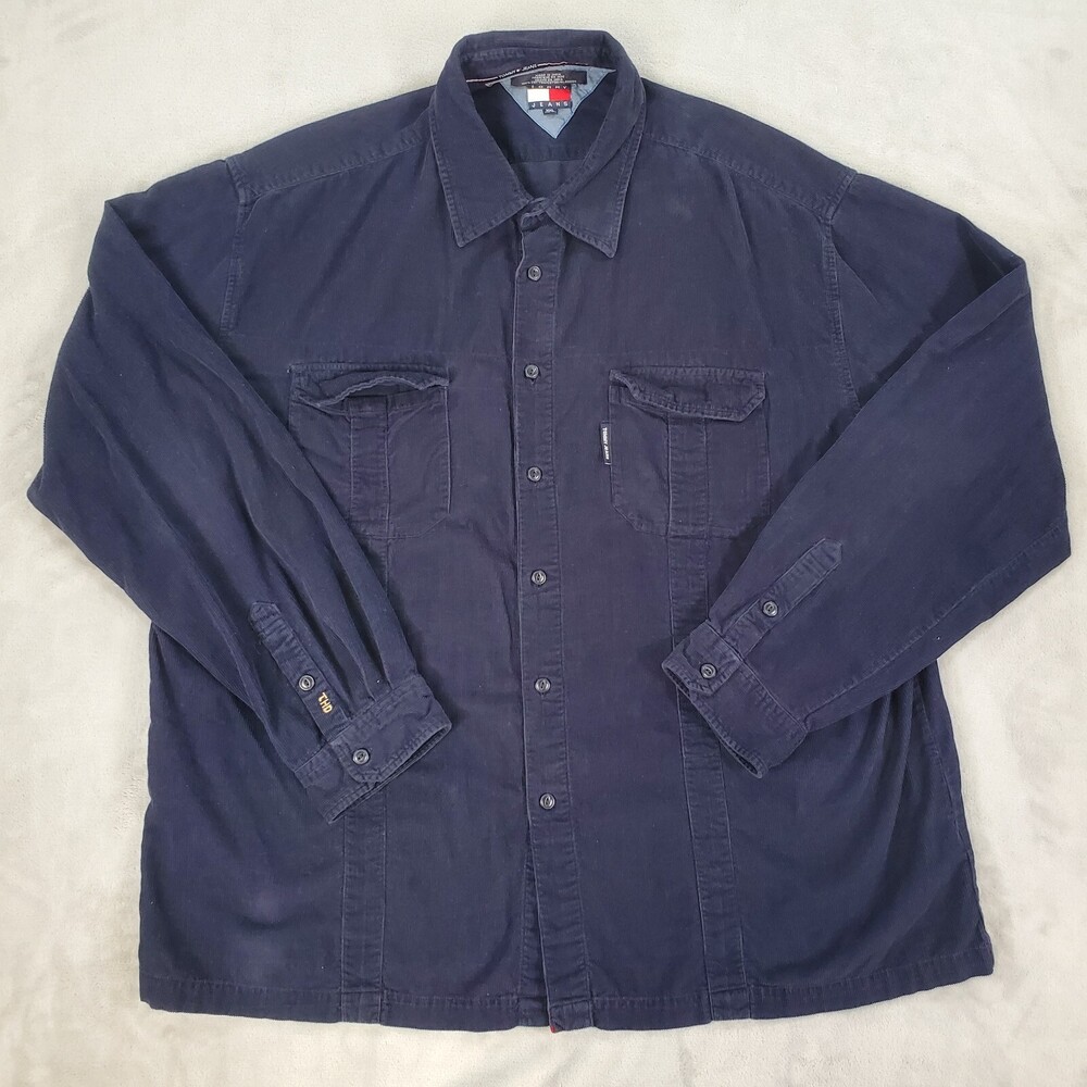 Vintage Tommy Hilfiger Corduroy Shirt Mens XXL Classic Fit Navy Blue Button Down
